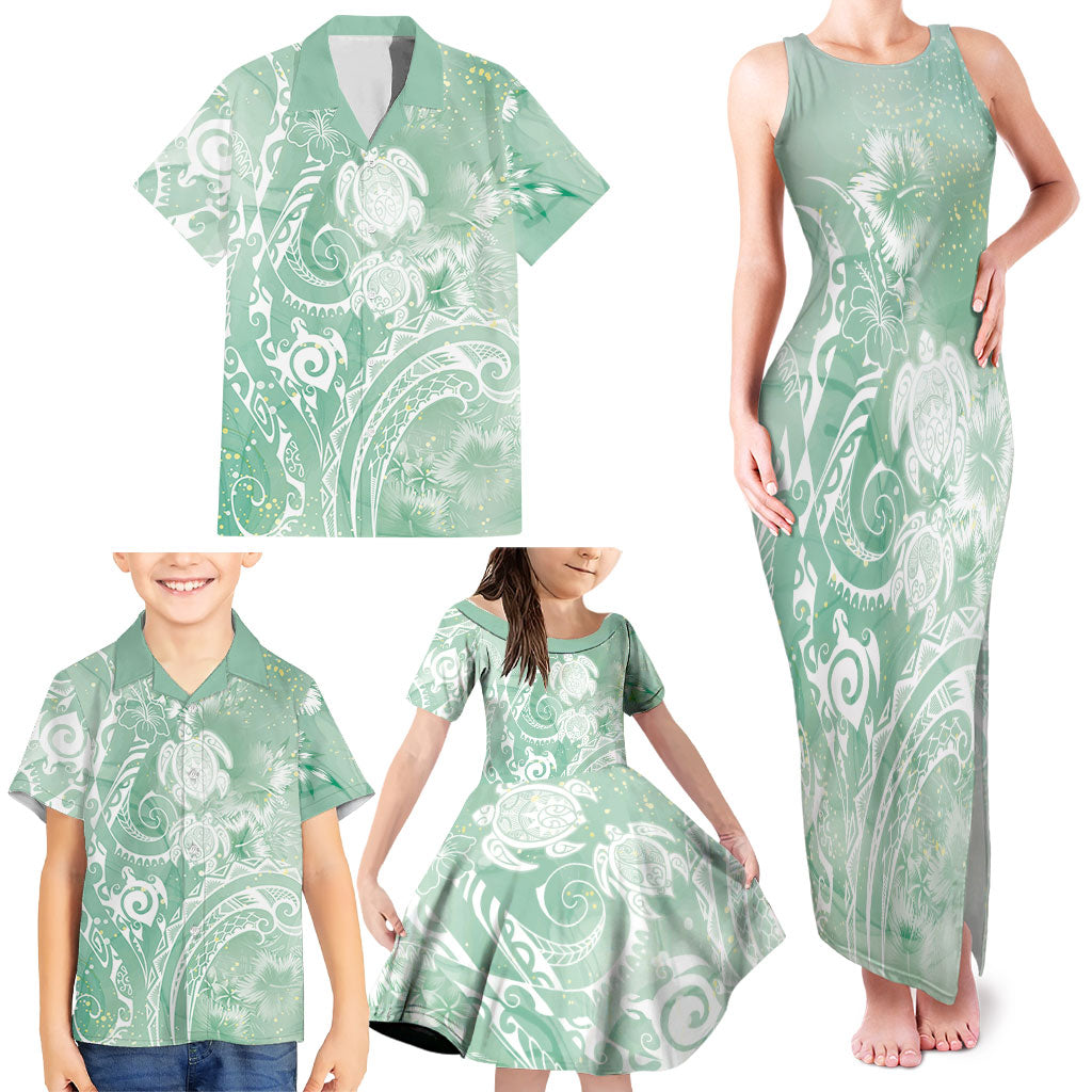 Aloha Hawaii Turtles Floral Family Matching Tank Maxi Dress and Hawaiian Shirt Seafoam Marbles Glaze LT7 - Polynesian Pride