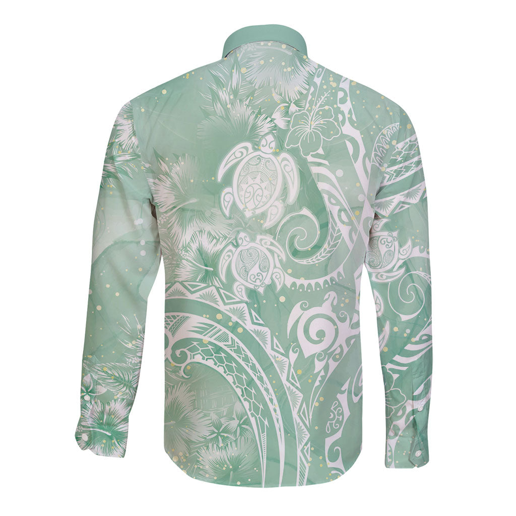 Aloha Hawaii Turtles Floral Long Sleeve Button Shirt Seafoam Marbles Glaze