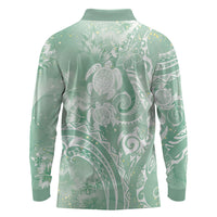 Aloha Hawaii Turtles Floral Long Sleeve Polo Shirt Seafoam Marbles Glaze