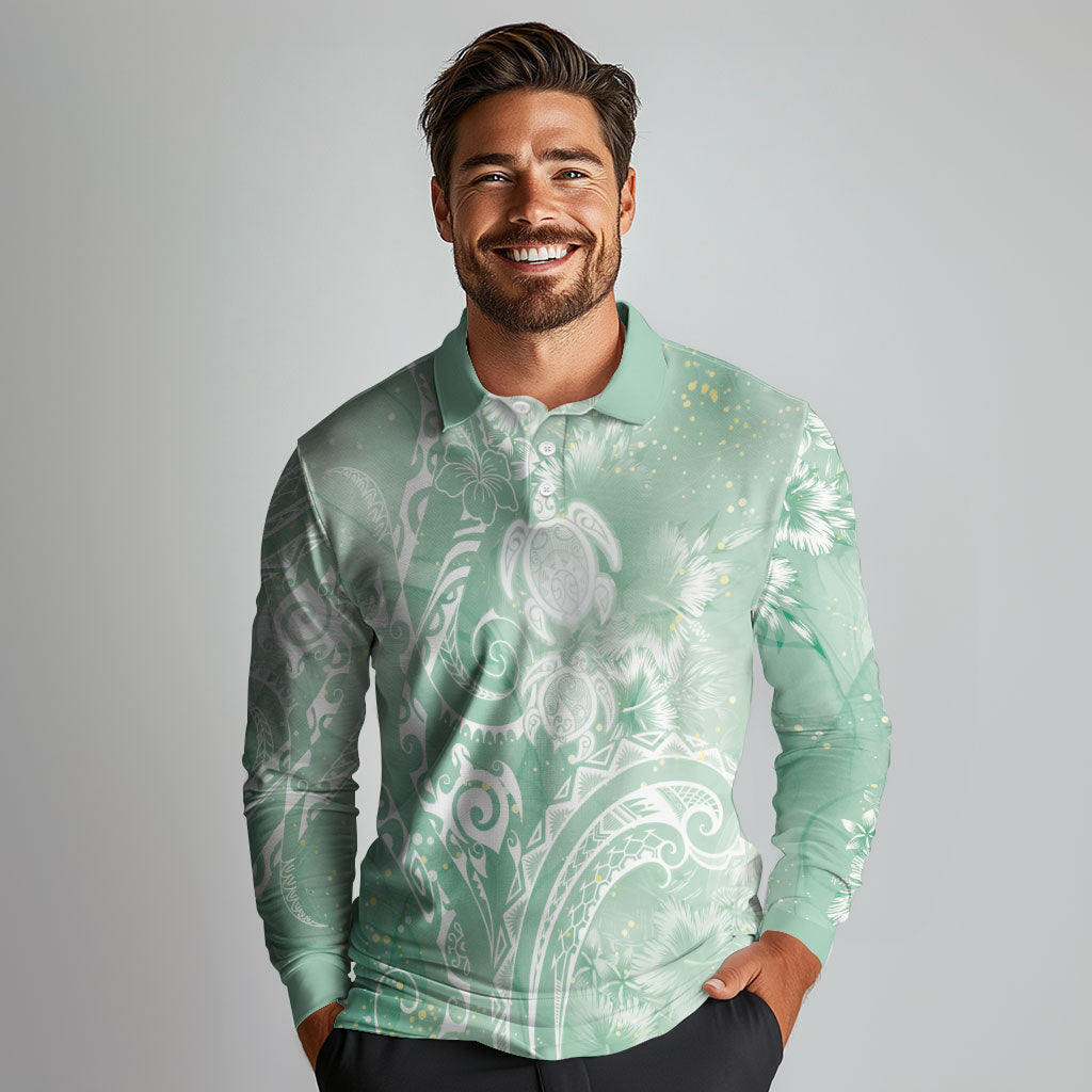 Aloha Hawaii Turtles Floral Long Sleeve Polo Shirt Seafoam Marbles Glaze