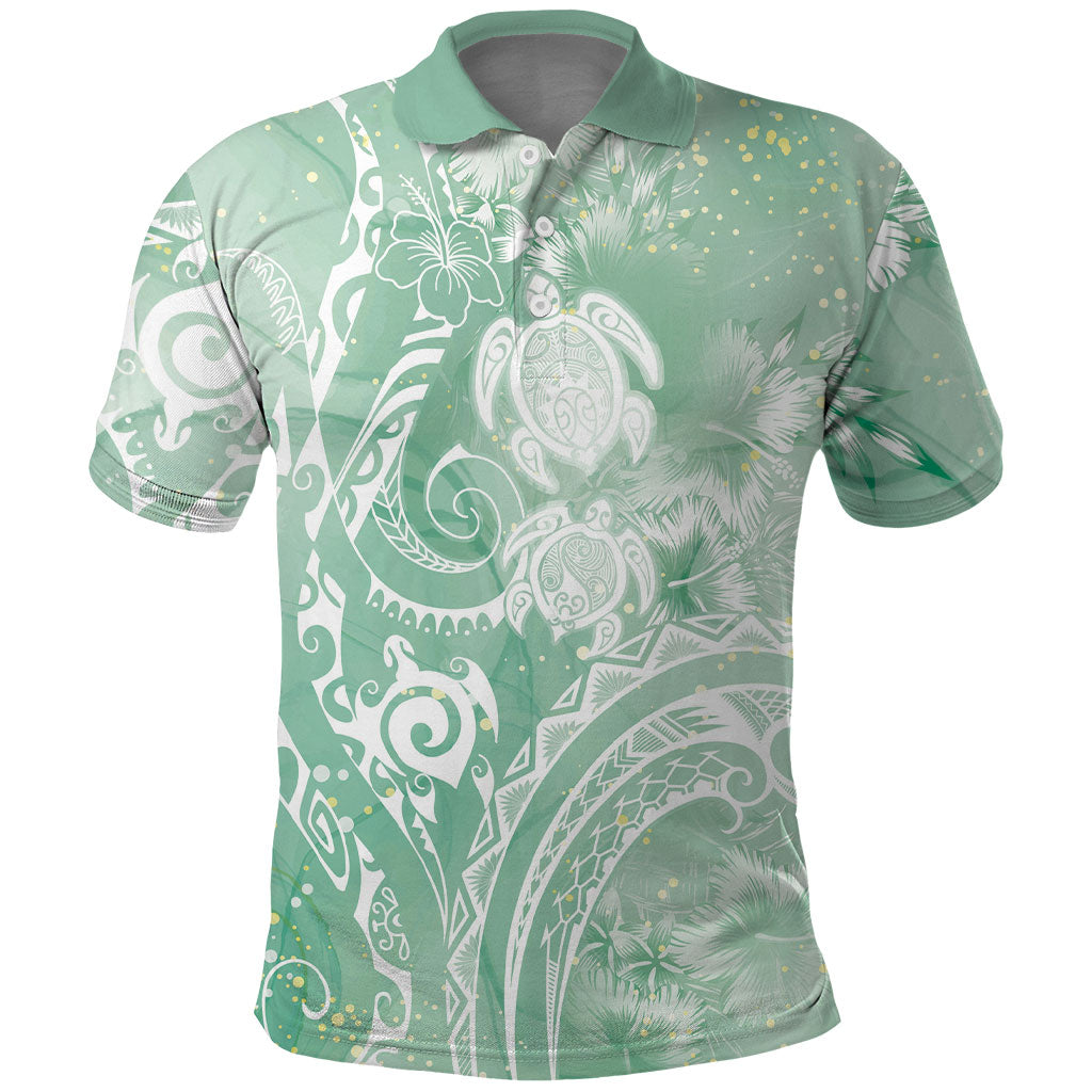 Aloha Hawaii Turtles Floral Polo Shirt Seafoam Marbles Glaze