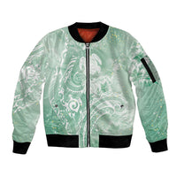 Aloha Hawaii Turtles Floral Sleeve Zip Bomber Jacket Seafoam Marbles Glaze
