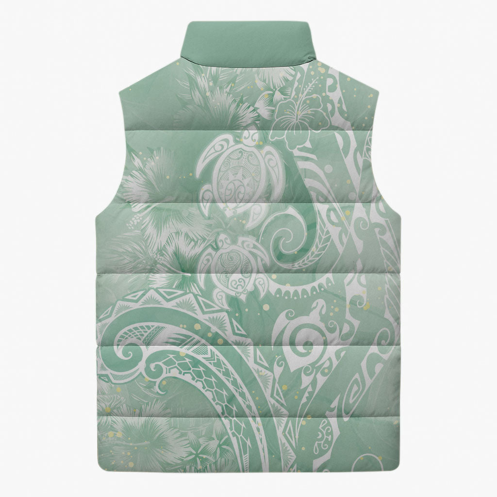 Aloha Hawaii Turtles Floral Sleeveless Puffer Jacket Seafoam Marbles Glaze