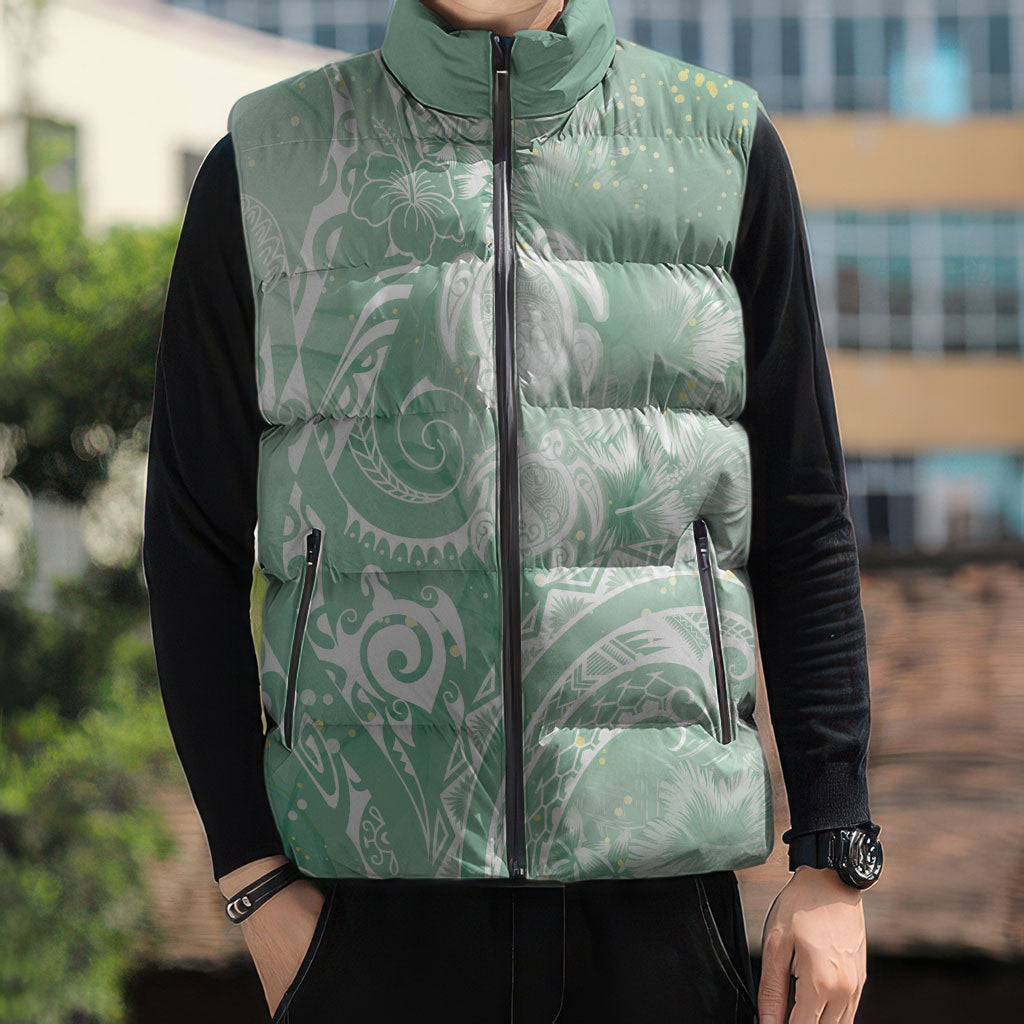 Aloha Hawaii Turtles Floral Sleeveless Puffer Jacket Seafoam Marbles Glaze