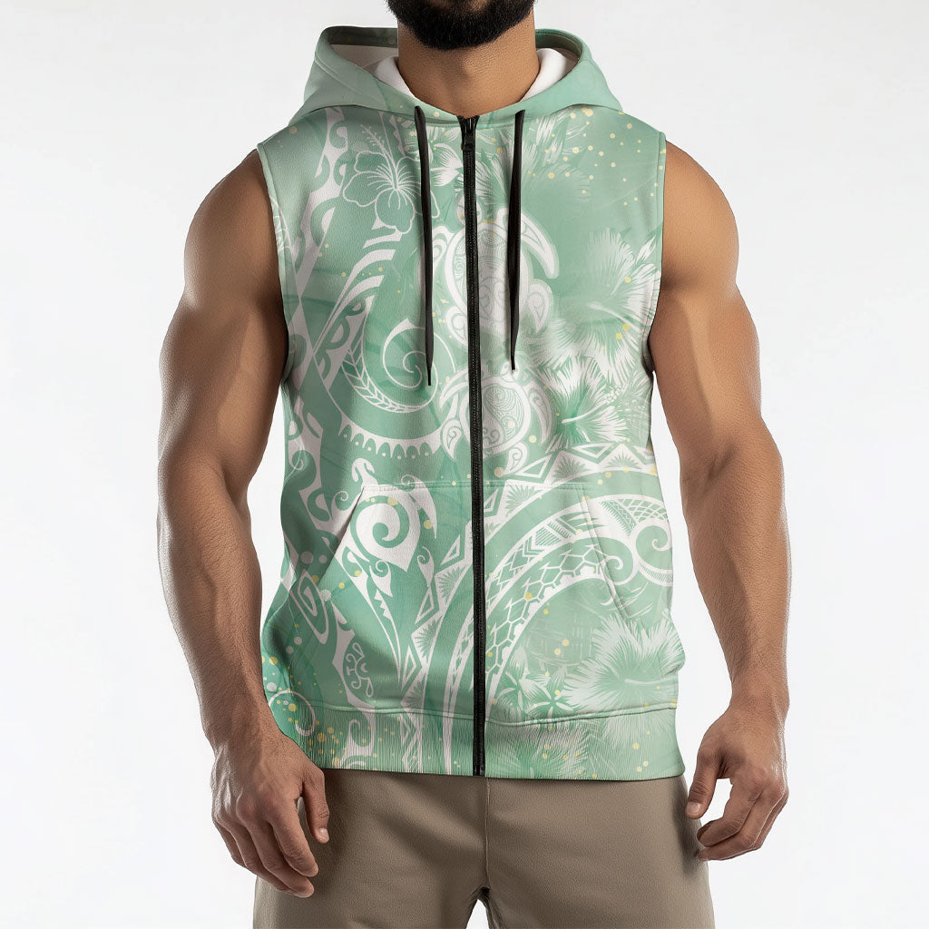 Aloha Hawaii Turtles Floral Sleeveless Zip Hoodie Seafoam Marbles Glaze