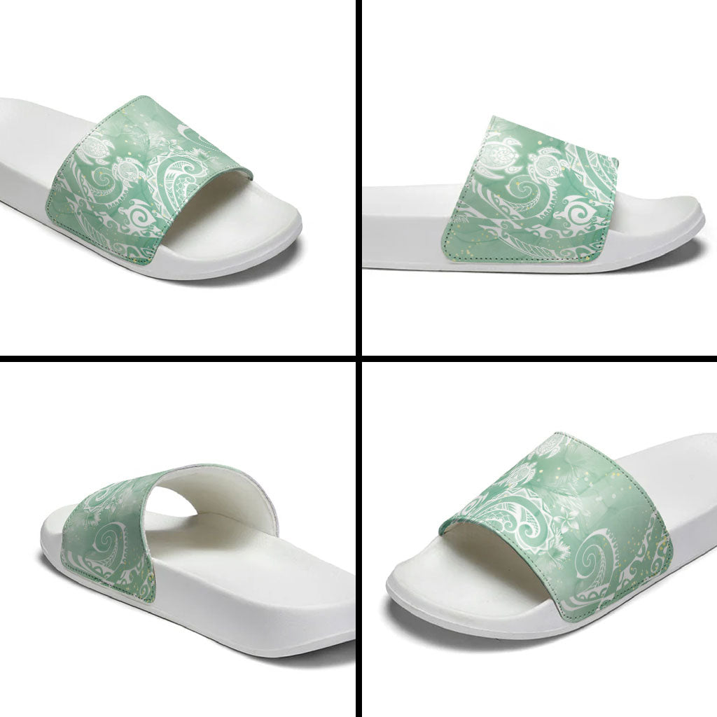 Aloha Hawaii Turtles Floral Slide Sandals Seafoam Marbles Glaze