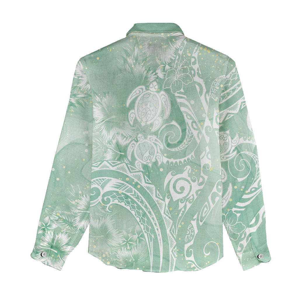 Aloha Hawaii Turtles Floral Women Casual Shirt Seafoam Marbles Glaze