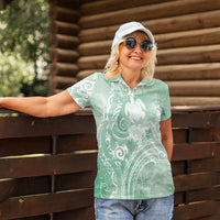 Aloha Hawaii Turtles Floral Women Polo Shirt Seafoam Marbles Glaze