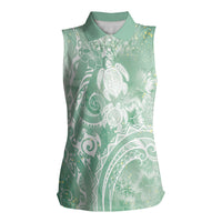 Aloha Hawaii Turtles Floral Women Sleeveless Polo Shirt Seafoam Marbles Glaze
