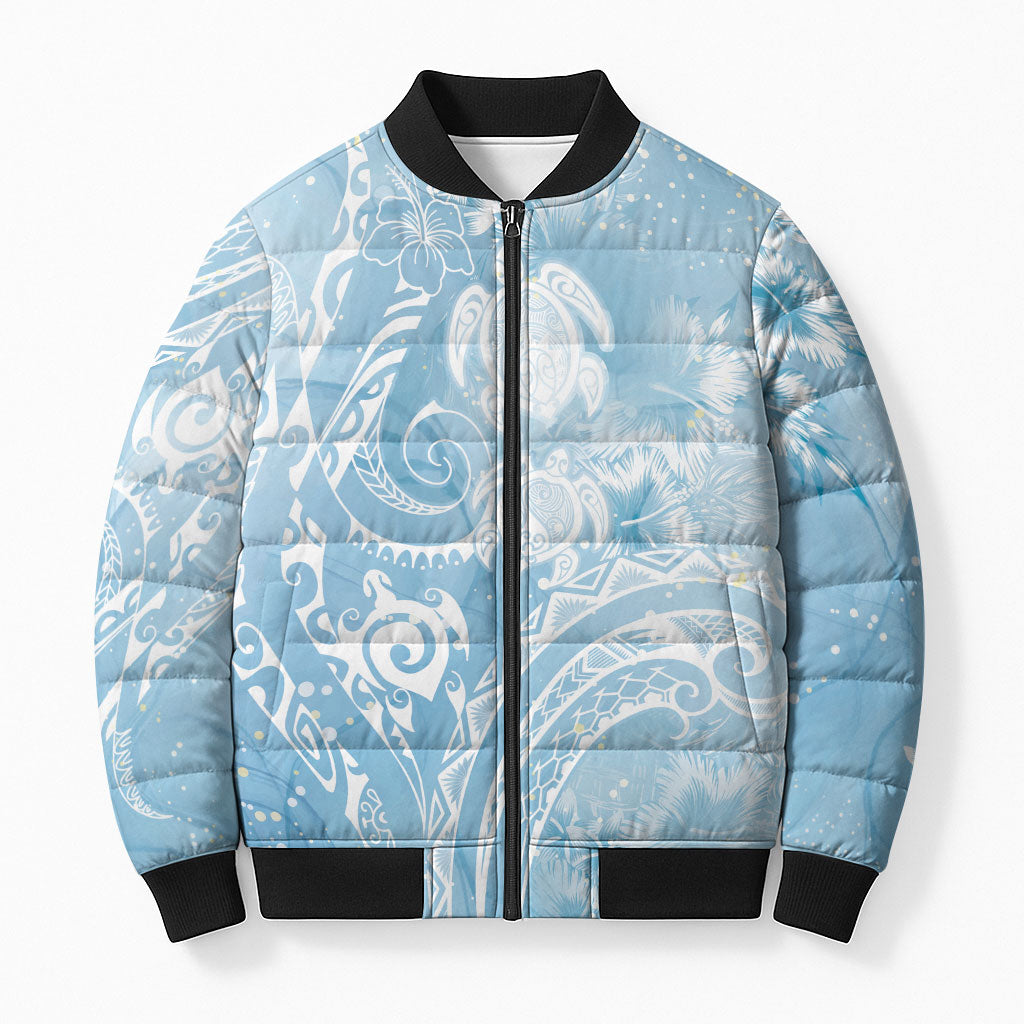 Aloha Hawaii Turtles Floral Bomber Puffer Jacket Aqua Marbles Glaze LT7 Unisex Aqua - Polynesian Pride