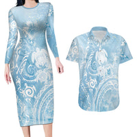 Aloha Hawaii Turtles Floral Couples Matching Long Sleeve Bodycon Dress and Hawaiian Shirt Aqua Marbles Glaze