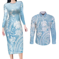 Aloha Hawaii Turtles Floral Couples Matching Long Sleeve Bodycon Dress and Long Sleeve Button Shirt Aqua Marbles Glaze