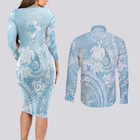 Aloha Hawaii Turtles Floral Couples Matching Long Sleeve Bodycon Dress and Long Sleeve Button Shirt Aqua Marbles Glaze