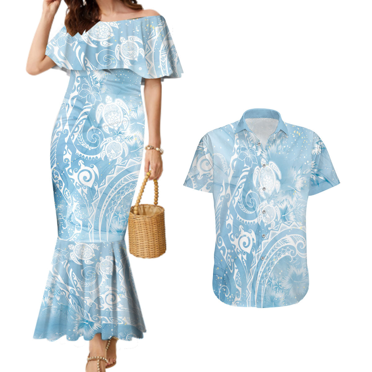 Aloha Hawaii Turtles Floral Couples Matching Mermaid Dress and Hawaiian Shirt Aqua Marbles Glaze