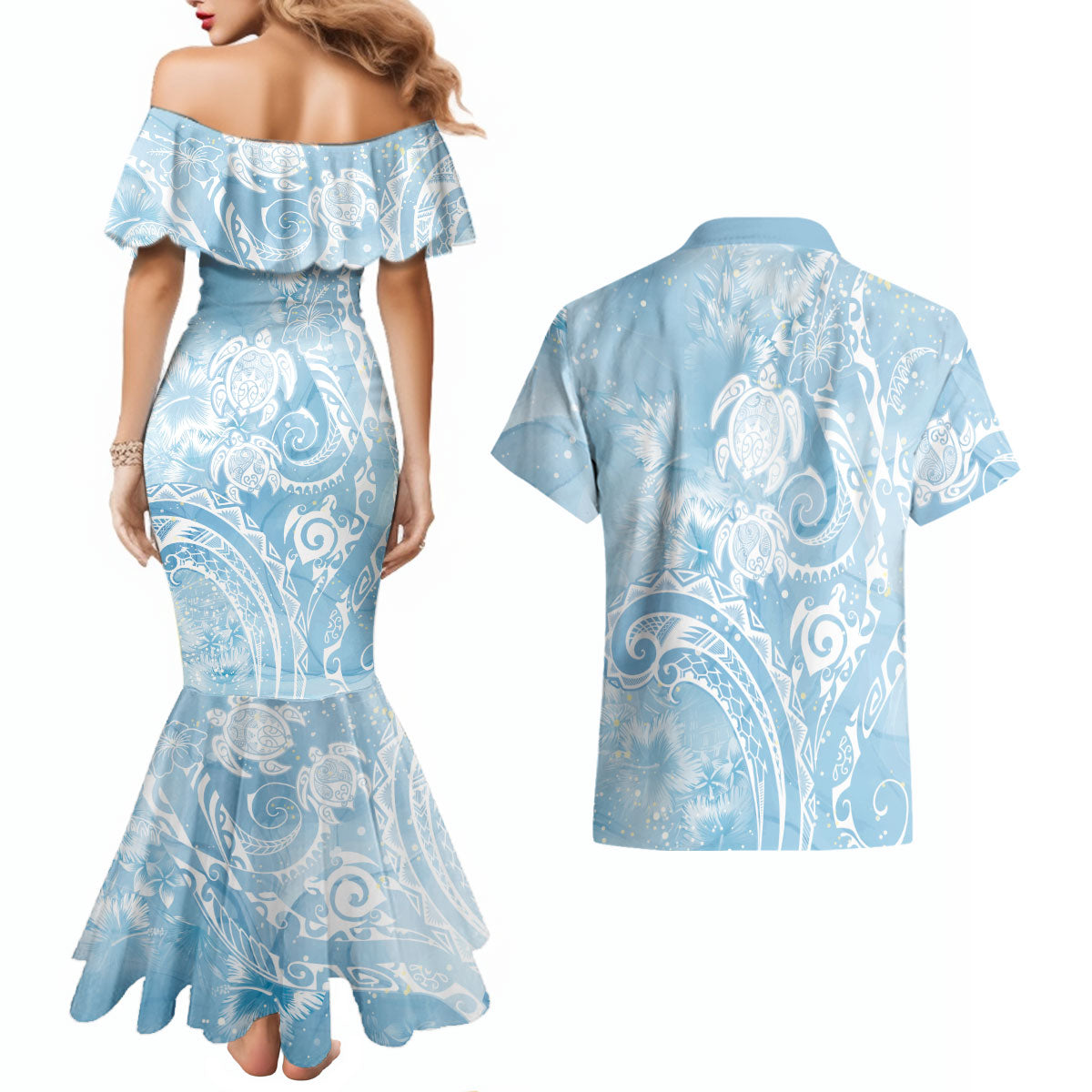 Aloha Hawaii Turtles Floral Couples Matching Mermaid Dress and Hawaiian Shirt Aqua Marbles Glaze