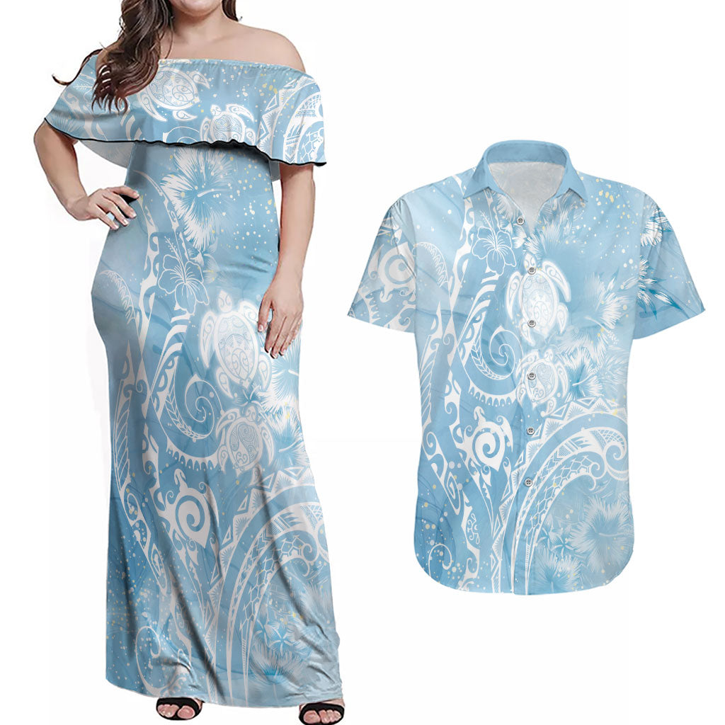 Aloha Hawaii Turtles Floral Couples Matching Off Shoulder Maxi Dress and Hawaiian Shirt Aqua Marbles Glaze LT7 Aqua - Polynesian Pride