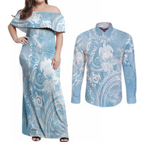 Aloha Hawaii Turtles Floral Couples Matching Off Shoulder Maxi Dress and Long Sleeve Button Shirt Aqua Marbles Glaze