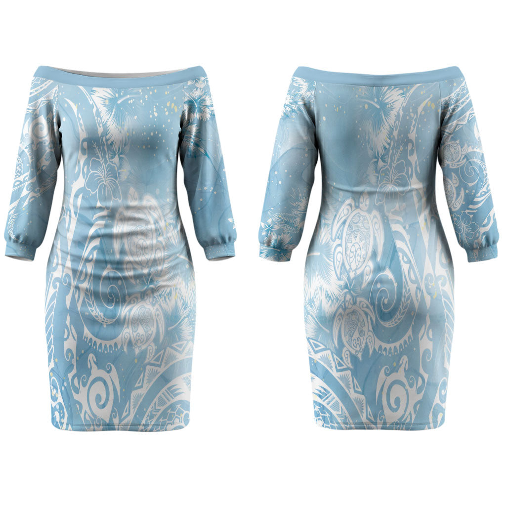 Aloha Hawaii Turtles Floral Couples Matching Off The Shoulder Long Sleeve Dress and Hawaiian Shirt Aqua Marbles Glaze LT7 - Polynesian Pride