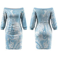 Aloha Hawaii Turtles Floral Couples Matching Off The Shoulder Long Sleeve Dress and Hawaiian Shirt Aqua Marbles Glaze LT7 - Polynesian Pride