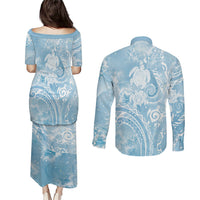 Aloha Hawaii Turtles Floral Couples Matching Puletasi and Long Sleeve Button Shirt Aqua Marbles Glaze