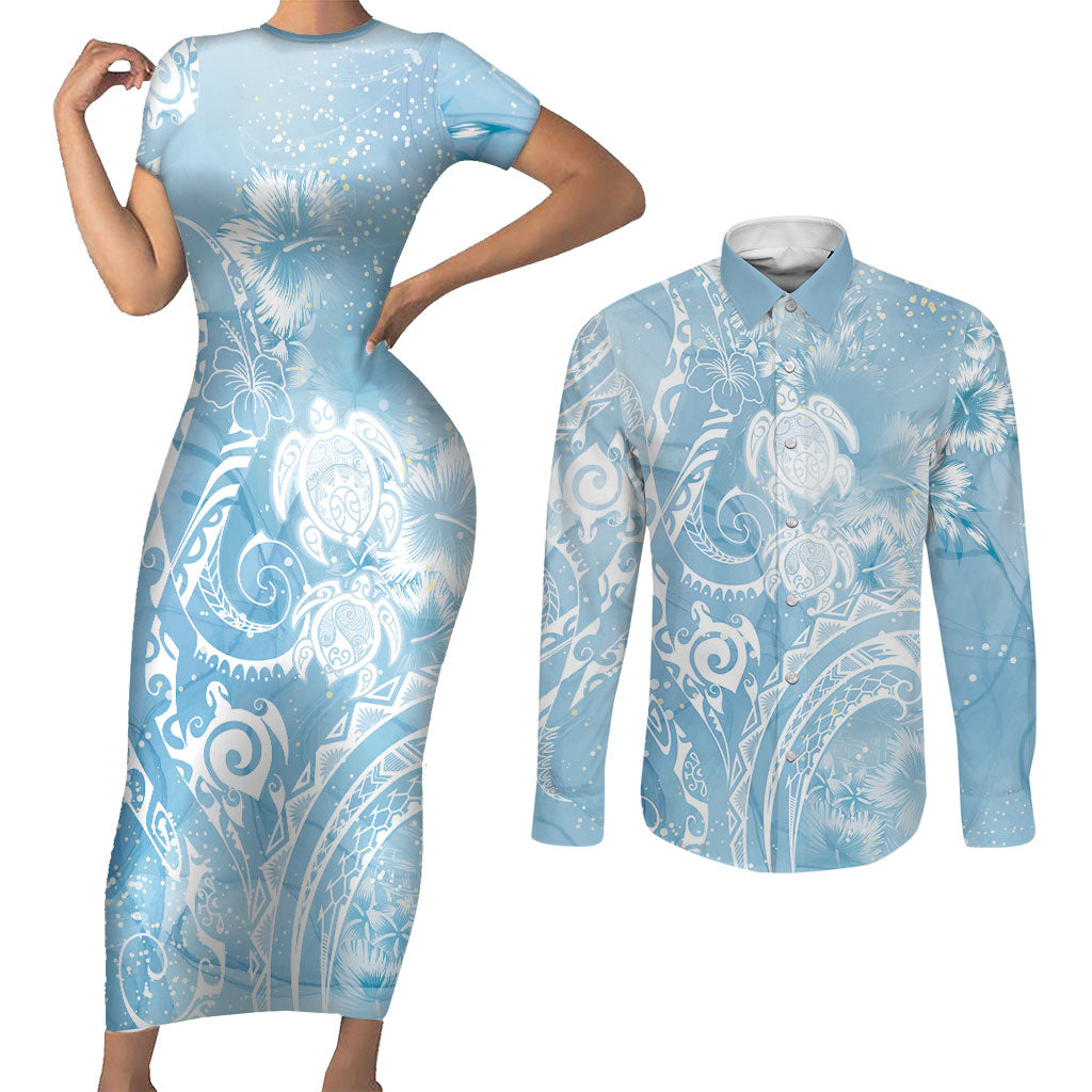 Aloha Hawaii Turtles Floral Couples Matching Short Sleeve Bodycon Dress and Long Sleeve Button Shirt Aqua Marbles Glaze LT7 Aqua - Polynesian Pride