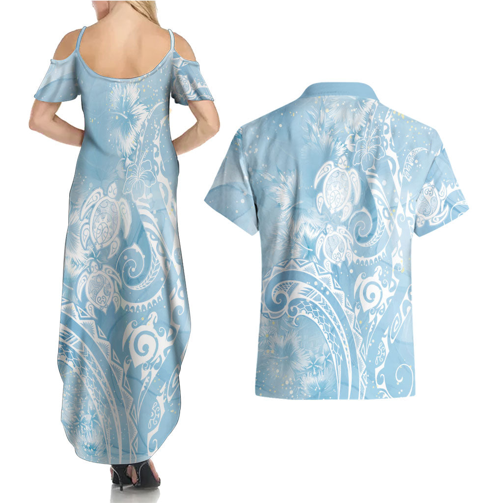 Aloha Hawaii Turtles Floral Couples Matching Summer Maxi Dress and Hawaiian Shirt Aqua Marbles Glaze