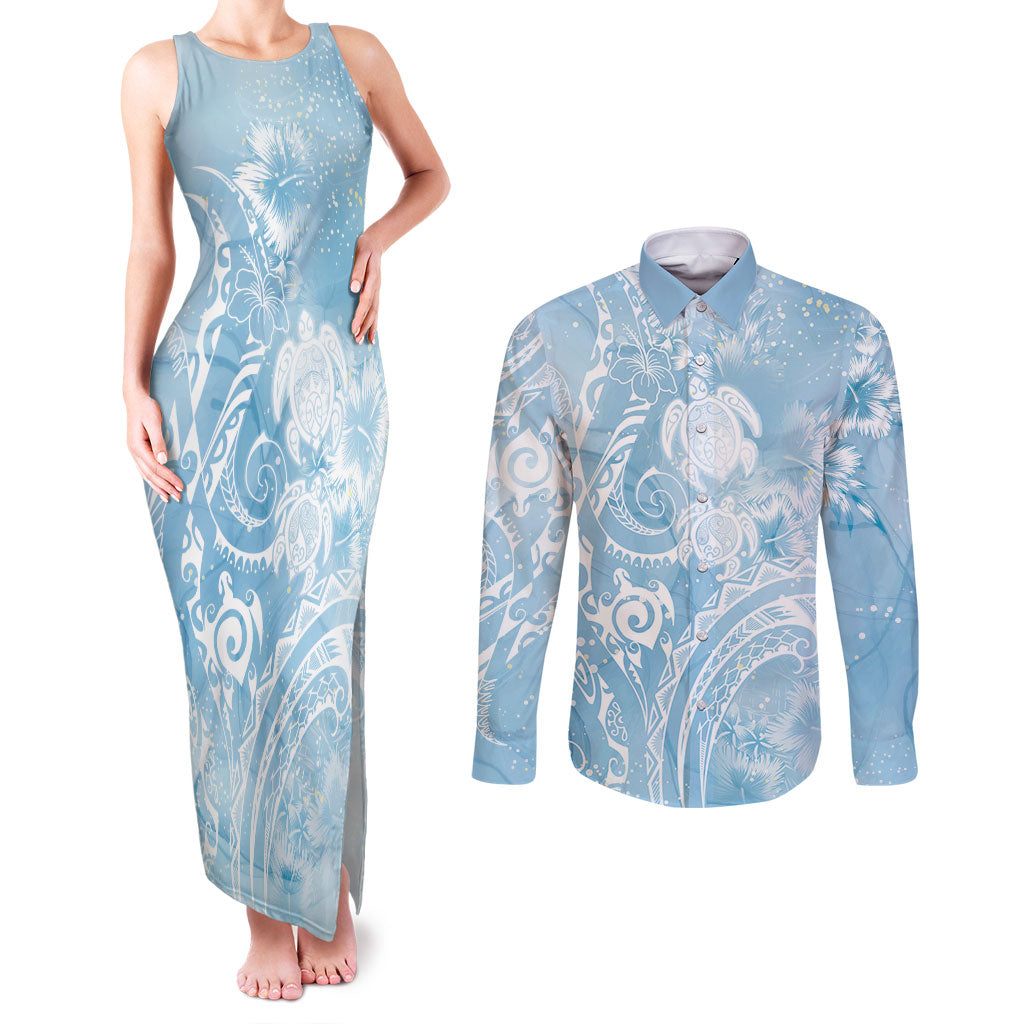 Aloha Hawaii Turtles Floral Couples Matching Tank Maxi Dress and Long Sleeve Button Shirt Aqua Marbles Glaze
