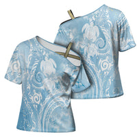 Aloha Hawaii Turtles Floral Cross Shoulder Shirt Aqua Marbles Glaze