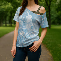 Aloha Hawaii Turtles Floral Cross Shoulder Shirt Aqua Marbles Glaze