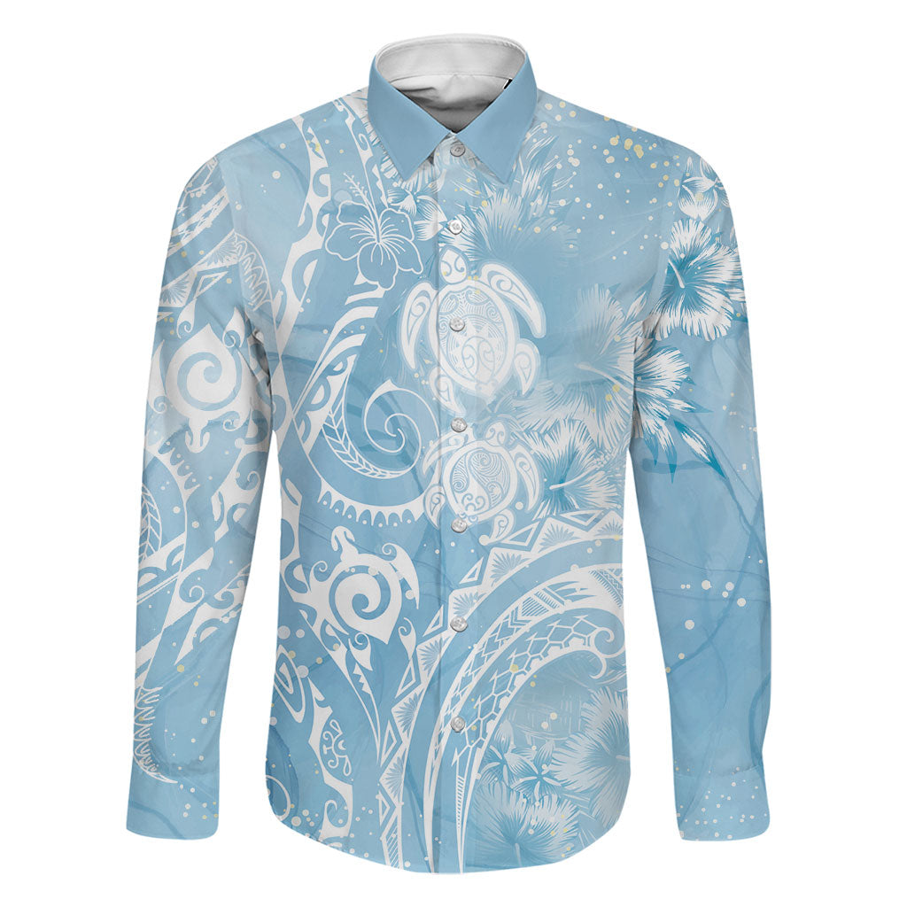 Aloha Hawaii Turtles Floral Family Matching Long Sleeve Bodycon Dress and Hawaiian Shirt Aqua Marbles Glaze