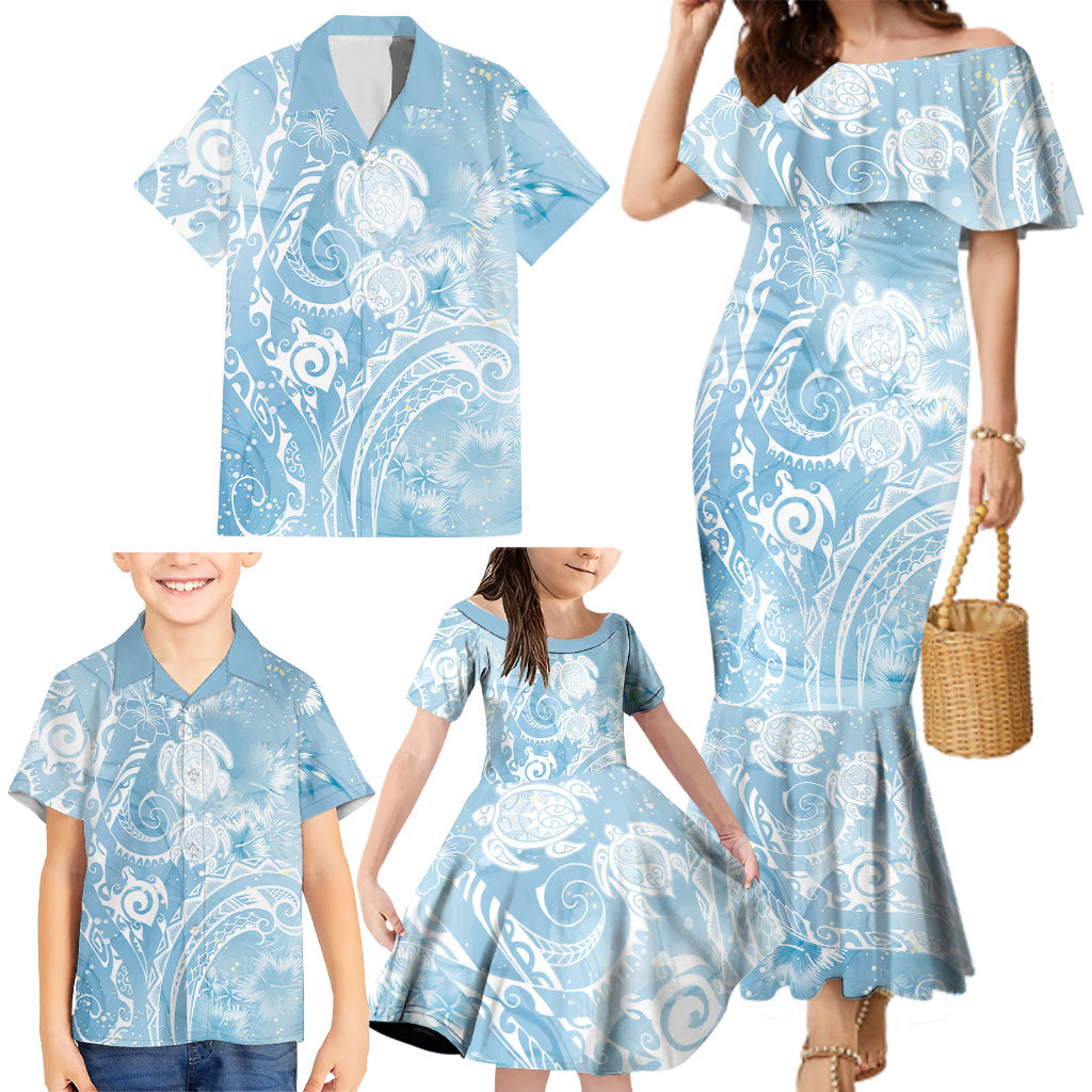 Aloha Hawaii Turtles Floral Family Matching Mermaid Dress and Hawaiian Shirt Aqua Marbles Glaze LT7 - Polynesian Pride