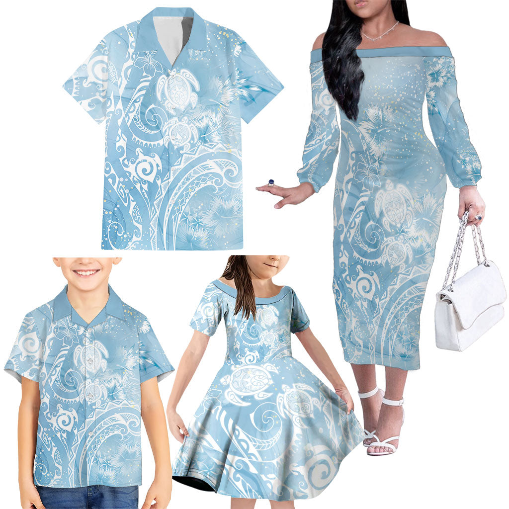 Aloha Hawaii Turtles Floral Family Matching Off The Shoulder Long Sleeve Dress and Hawaiian Shirt Aqua Marbles Glaze
