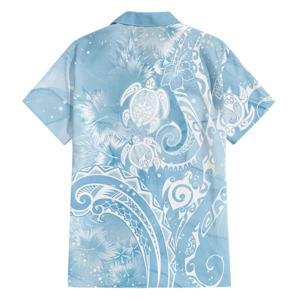 Aloha Hawaii Turtles Floral Family Matching Off The Shoulder Long Sleeve Dress and Hawaiian Shirt Aqua Marbles Glaze