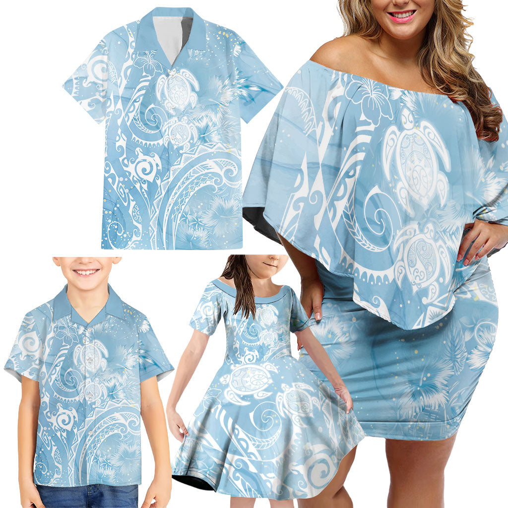 Aloha Hawaii Turtles Floral Family Matching Off Shoulder Short Dress and Hawaiian Shirt Aqua Marbles Glaze LT7 - Polynesian Pride