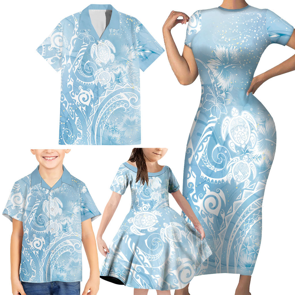Aloha Hawaii Turtles Floral Family Matching Short Sleeve Bodycon Dress and Hawaiian Shirt Aqua Marbles Glaze