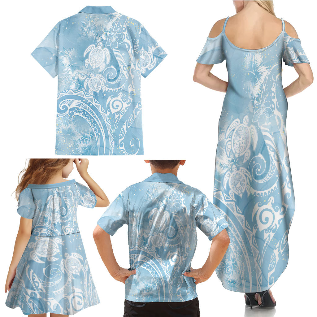 Aloha Hawaii Turtles Floral Family Matching Summer Maxi Dress and Hawaiian Shirt Aqua Marbles Glaze