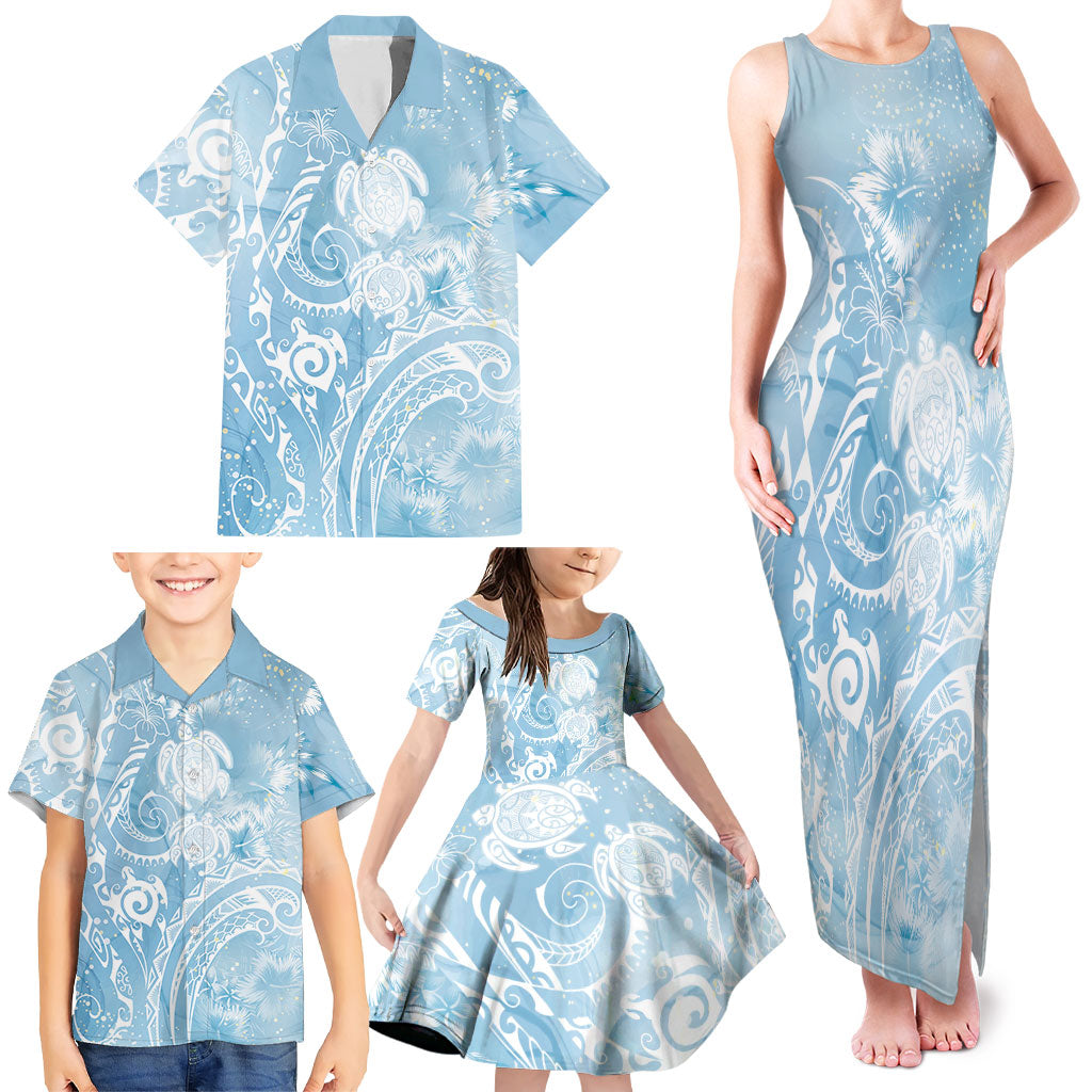 Aloha Hawaii Turtles Floral Family Matching Tank Maxi Dress and Hawaiian Shirt Aqua Marbles Glaze LT7 - Polynesian Pride