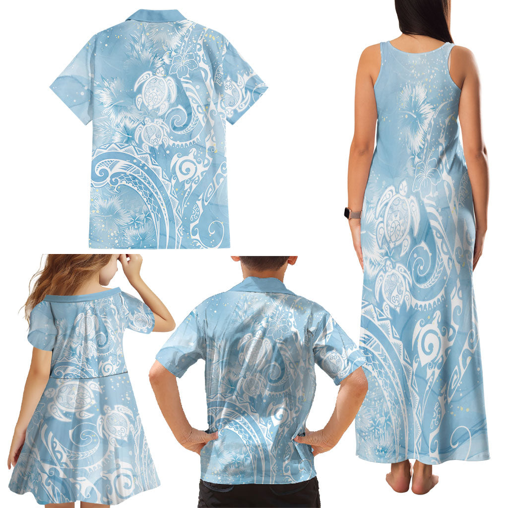 Aloha Hawaii Turtles Floral Family Matching Tank Maxi Dress and Hawaiian Shirt Aqua Marbles Glaze