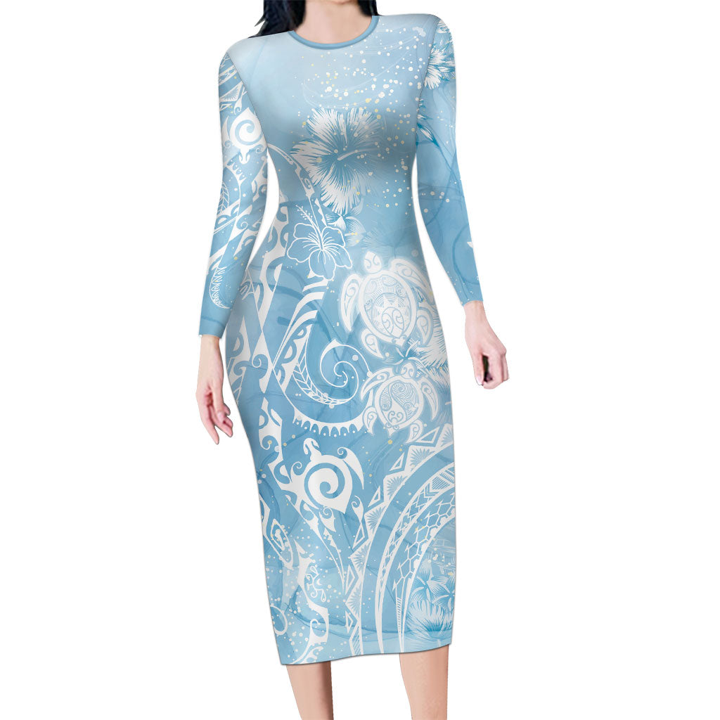 Aloha Hawaii Turtles Floral Long Sleeve Bodycon Dress Aqua Marbles Glaze