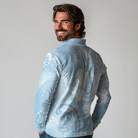 Aloha Hawaii Turtles Floral Long Sleeve Polo Shirt Aqua Marbles Glaze