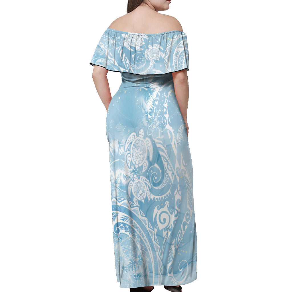 Aloha Hawaii Turtles Floral Off Shoulder Maxi Dress Aqua Marbles Glaze