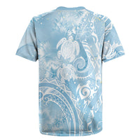 Aloha Hawaii Turtles Floral Rugby Jersey Aqua Marbles Glaze