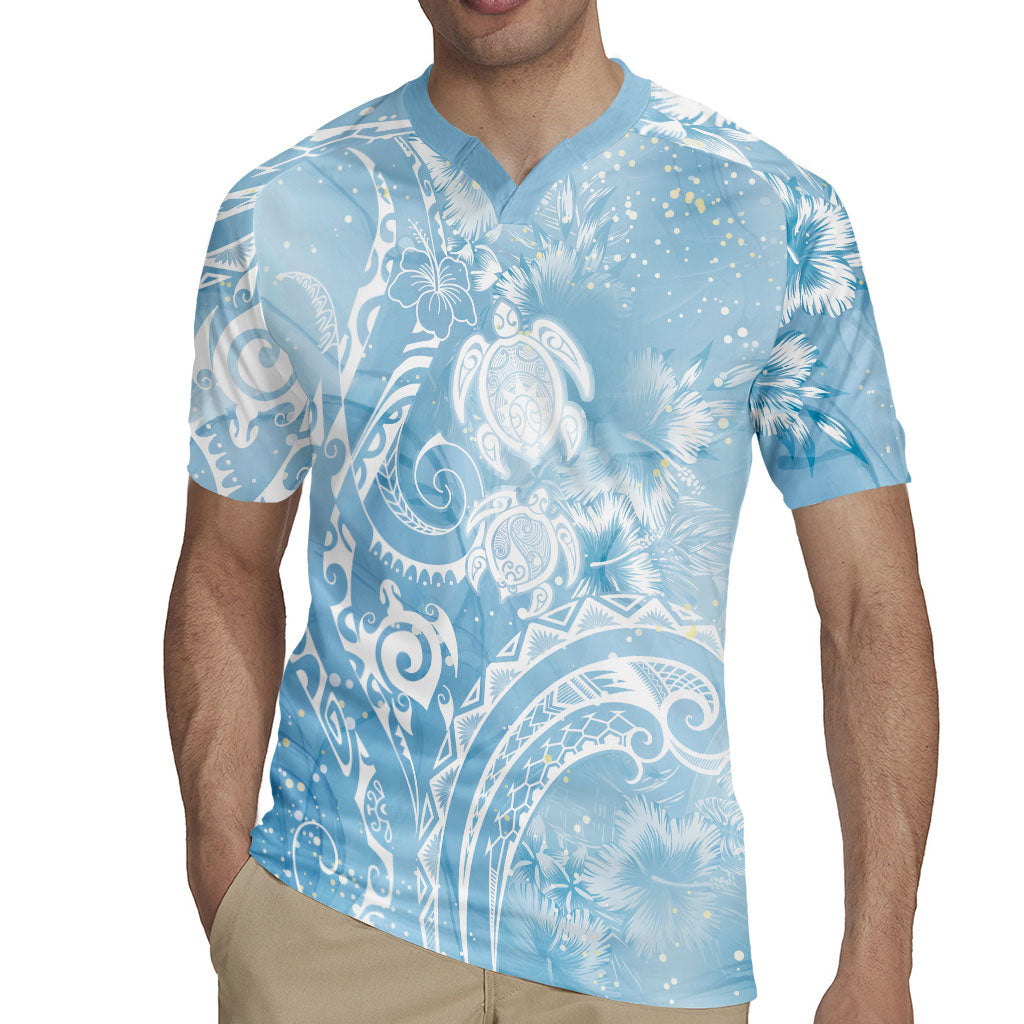 Aloha Hawaii Turtles Floral Rugby Jersey Aqua Marbles Glaze