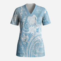 Aloha Hawaii Turtles Floral Scrub Top Aqua Marbles Glaze