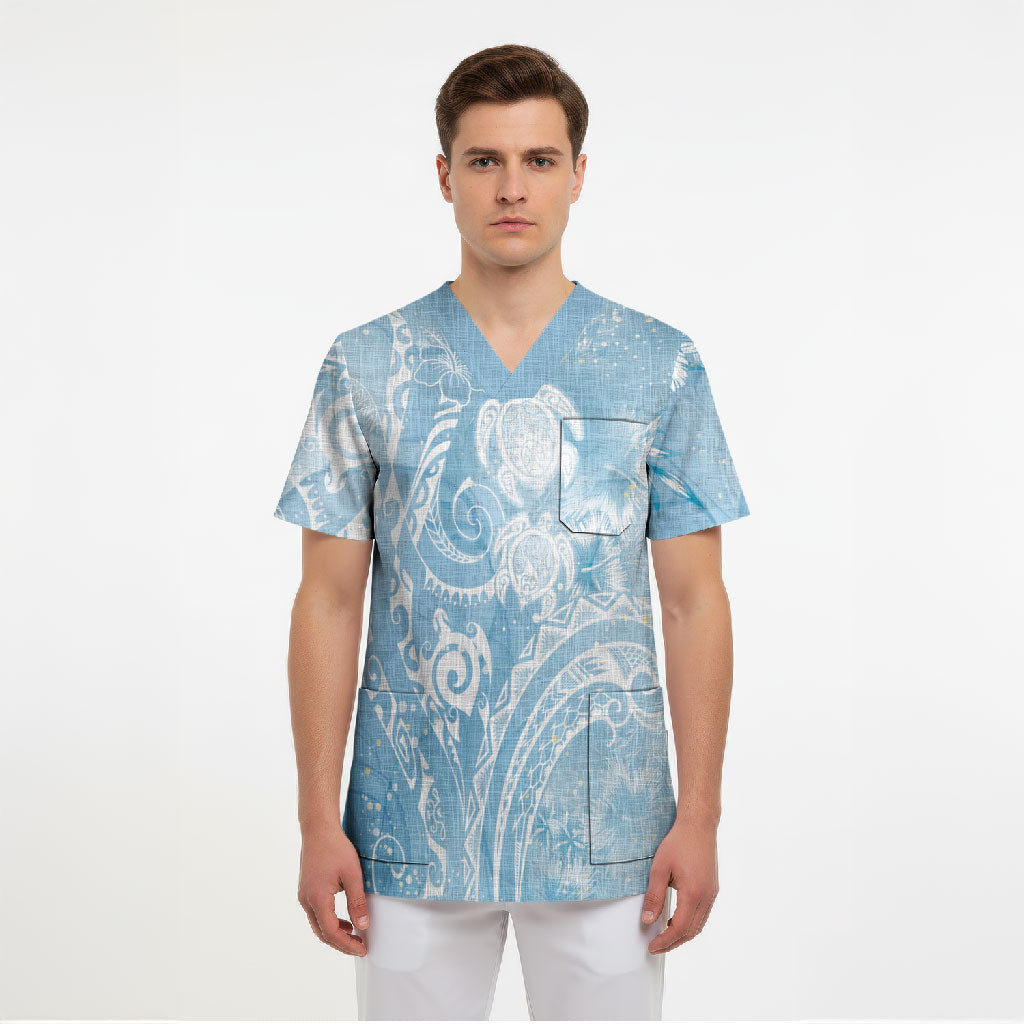 Aloha Hawaii Turtles Floral Scrub Top Aqua Marbles Glaze