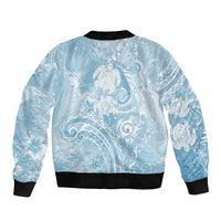 Aloha Hawaii Turtles Floral Sleeve Zip Bomber Jacket Aqua Marbles Glaze