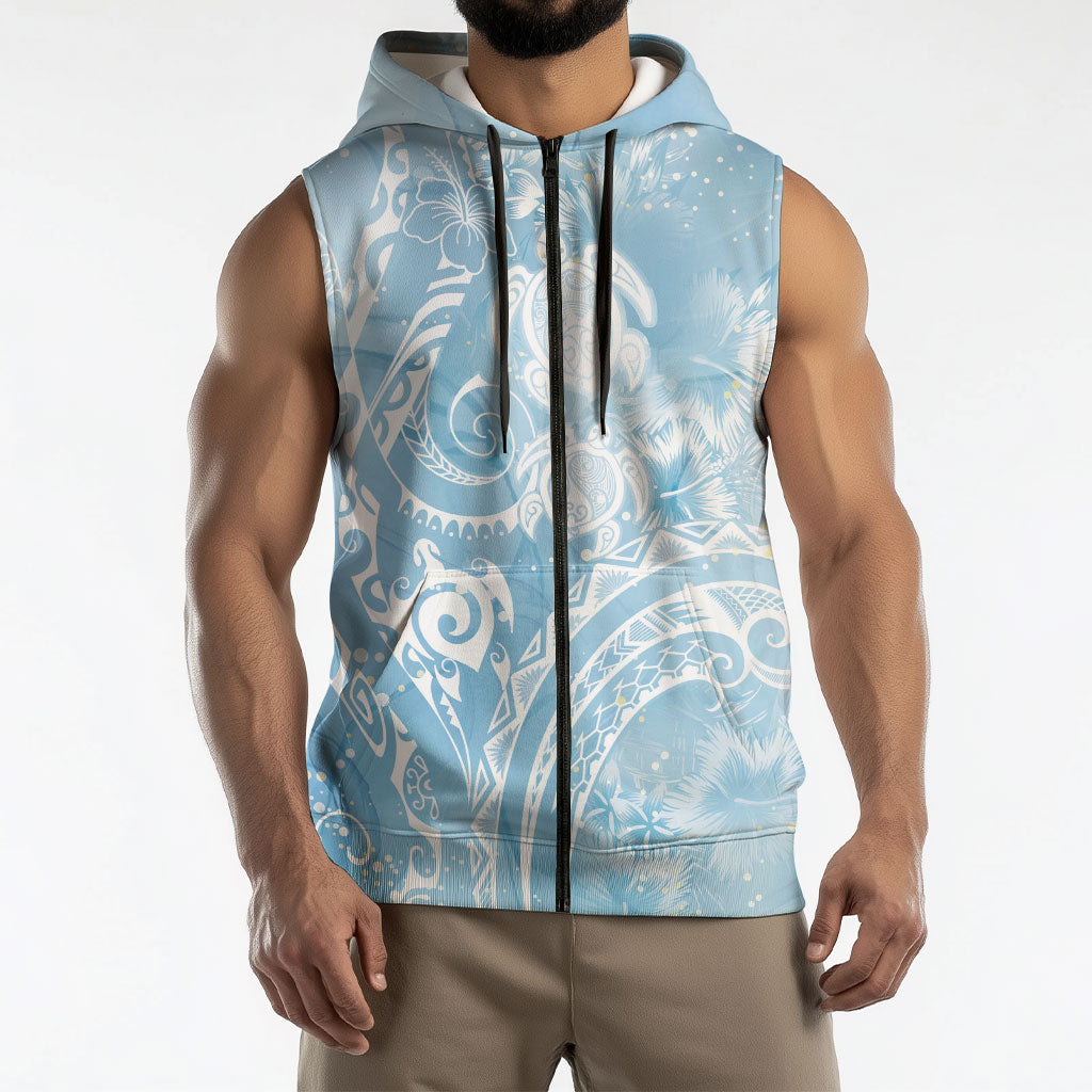 Aloha Hawaii Turtles Floral Sleeveless Zip Hoodie Aqua Marbles Glaze