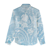 Aloha Hawaii Turtles Floral Women Casual Shirt Aqua Marbles Glaze