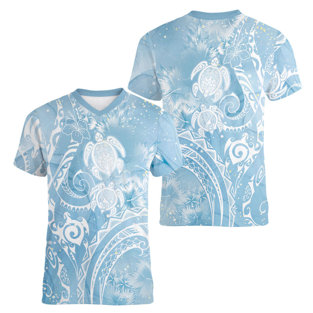 Aloha Hawaii Turtles Floral Women V-Neck T-Shirt Aqua Marbles Glaze