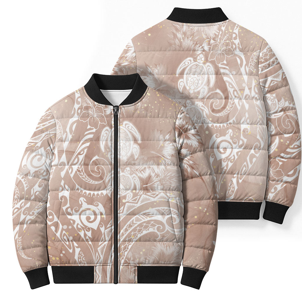 Aloha Hawaii Turtles Floral Bomber Puffer Jacket Taupe Marbles Glaze
